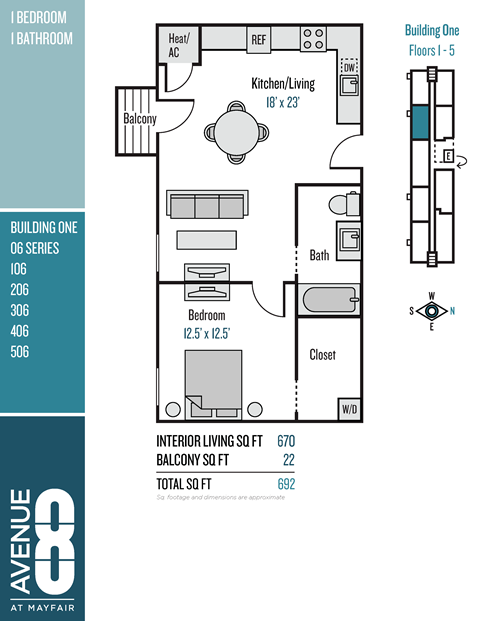 Floor plan for 1 bed, 1 bath, 670 sqft